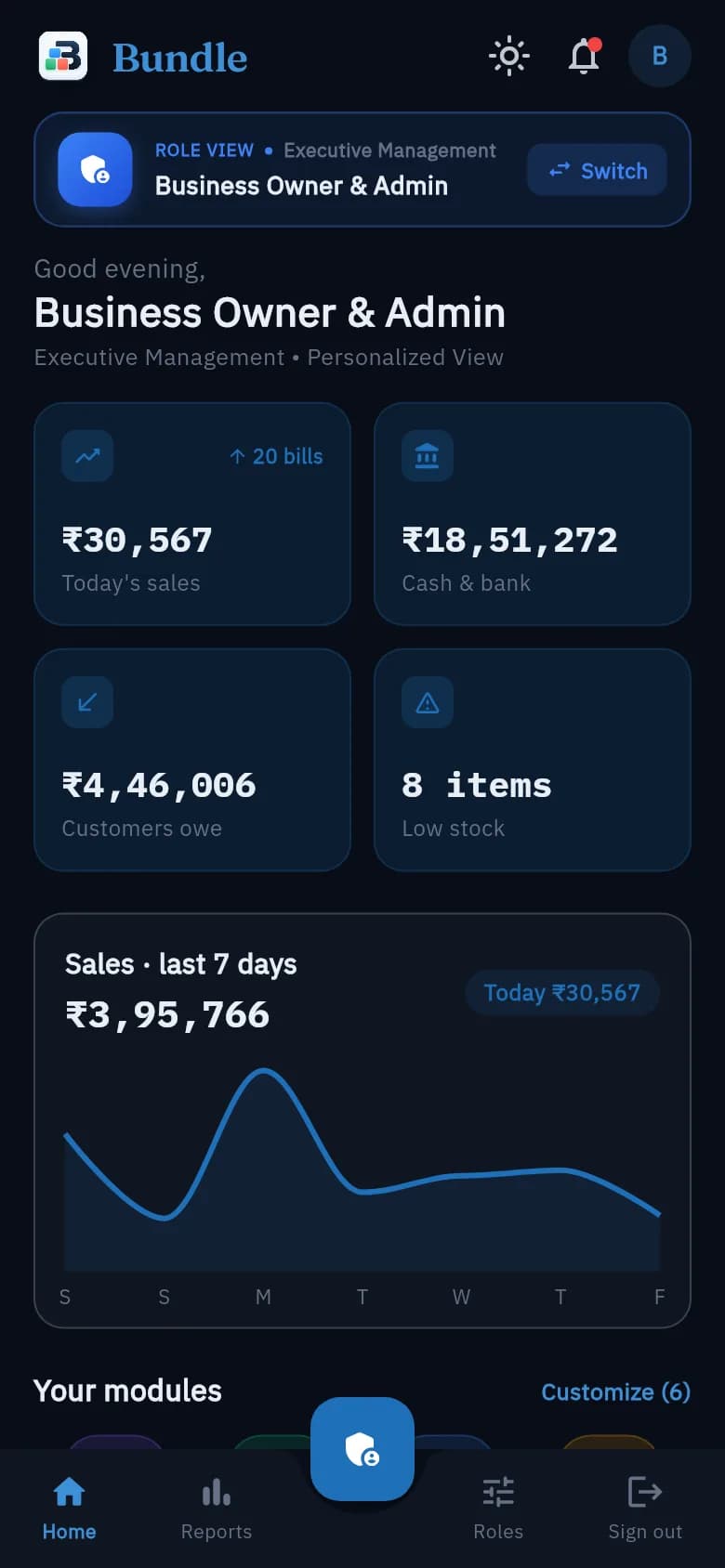 The Bundle dashboard, with sales, stock and accounts in one place