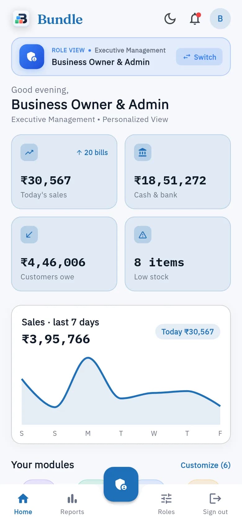 The Bundle dashboard, with sales, stock and accounts in one place